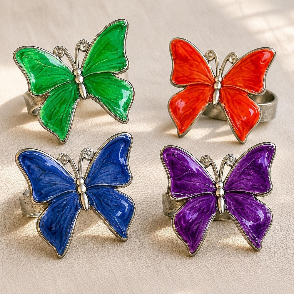 Vintage Maugenest San Fran Butterfly Napkin Rings Set 4 Enamel & Pewter